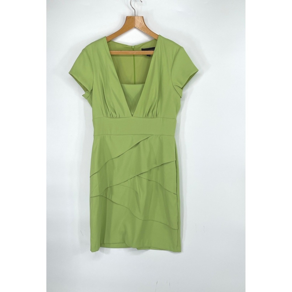 Connected Apparel Womens Dress 12 Sheath Lime Green Tiered‎ V-Neck Cocktail